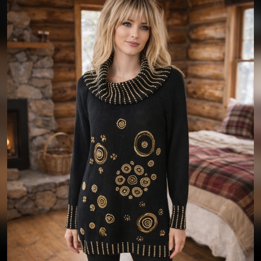 Vtg 80s black knit gold beads "Dynasty" style cotton tunic cowl sweater sz S